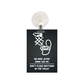 etal-shops.com - Panneau PVC "NE RIEN JETER DANS LES WC - DON'T FLUSH ANYTHING IN THE TOILET" noir format A6 avec fixation ventouse, Couleur: Noir, Shipping Google: FR::Standard:10.68 EUR, Couleur du cadre: Noir