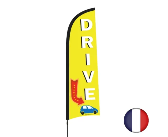 etal-shops.com - Drapeau publicitaire "DRIVE" de dimensions 230 x 70 cm avec mât