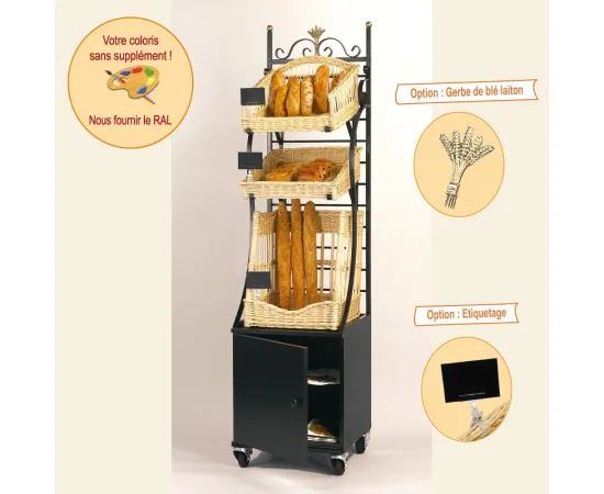 etal-shops.com - Etagére mobile modulable Boislette 1 panier baguettes 2 paniers pains spéciaux