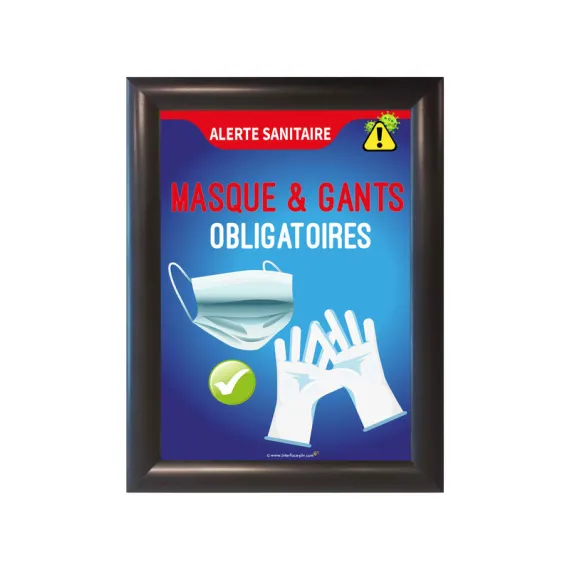 etal-shops.com - Cadre d'affichage format A4 en aluminium noir avec affiche "MASQUE ET GANTS OBLIGATOIRES", Couleur: Noir, Shipping Google: FR::Standard:10.68 EUR, Format: A4, Couleur du cadre: Noir