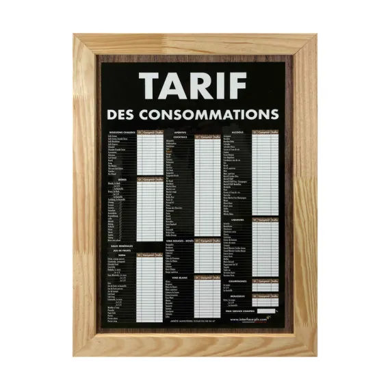 etal-shops.com - Panneau avec ardoise "TARIF DES CONSOMMATIONS" traditionnel dimensions 60 x 40 cm