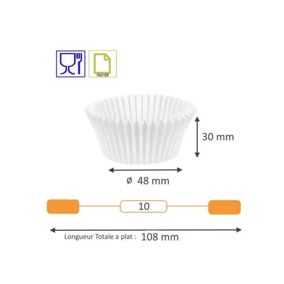 etal-shops.com - Caissette de cuisson plissée blanche type n°10 - 48 mm x 30 mm  x 1000 PAPA France